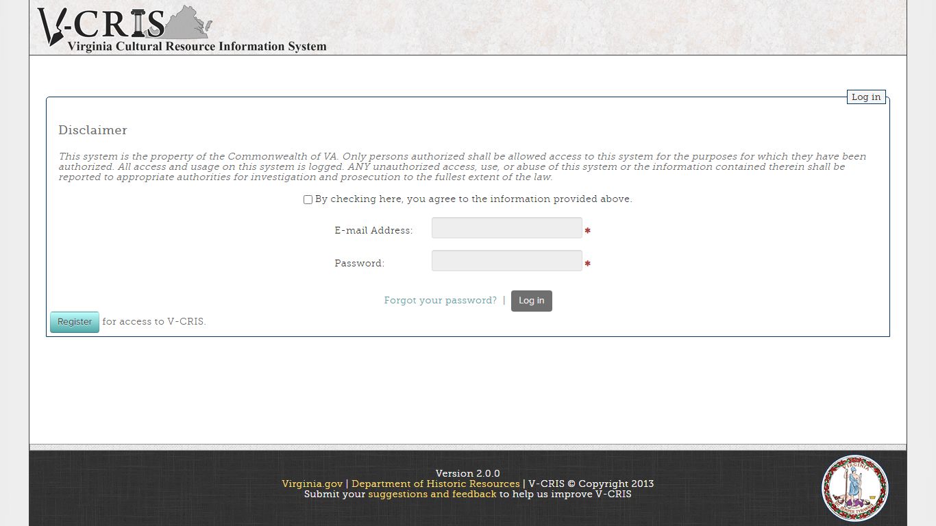V-CRIS - Log in - Virginia