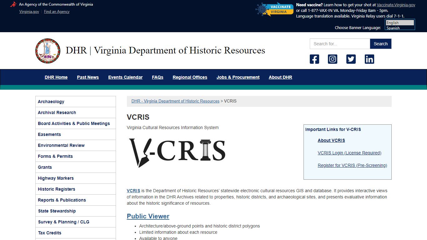DHR – Virginia Department of Historic Resources » VCRIS